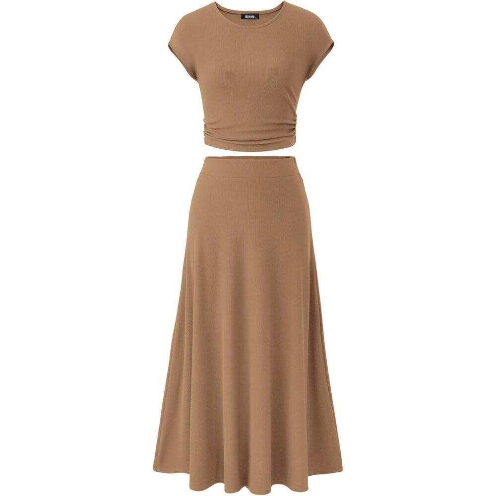 Women Two Piece Set Light Brown Casual Crop Top Midi Skirt Spring Summer